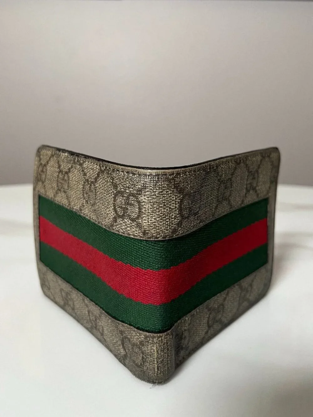 Gucci GG Supreme Web Stripe Bifold Leather Wallet Coin Pocket + Dust Bag
